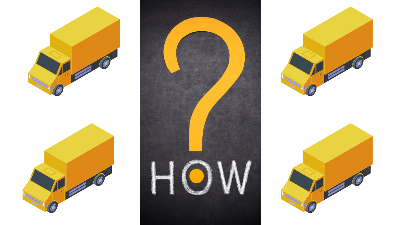 黄色いトラック4台に「HOW？」と書かれている画像