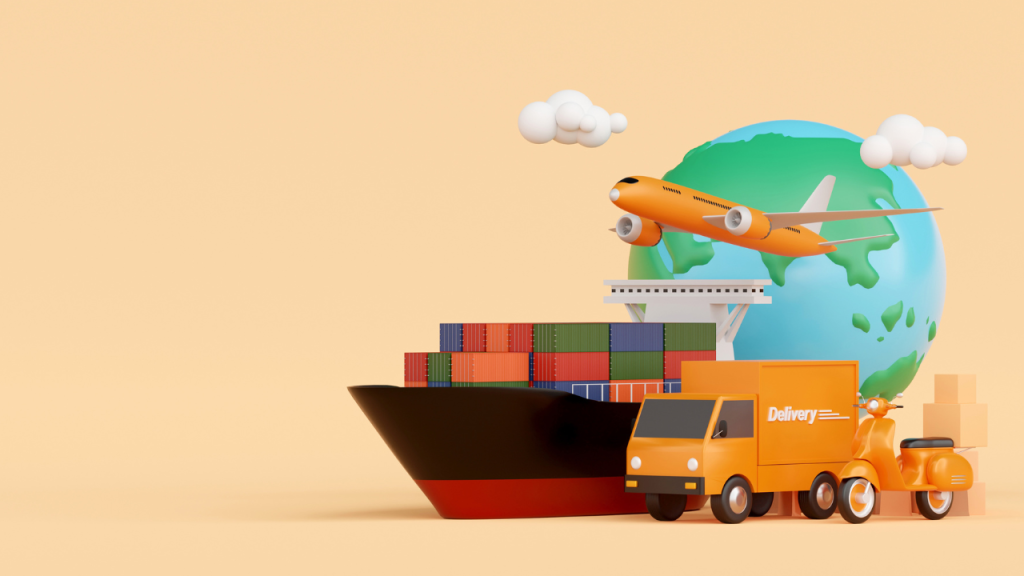 オレンジ色の背景にフィギュアのようなで船とトラックと地球儀などが置かれている画像